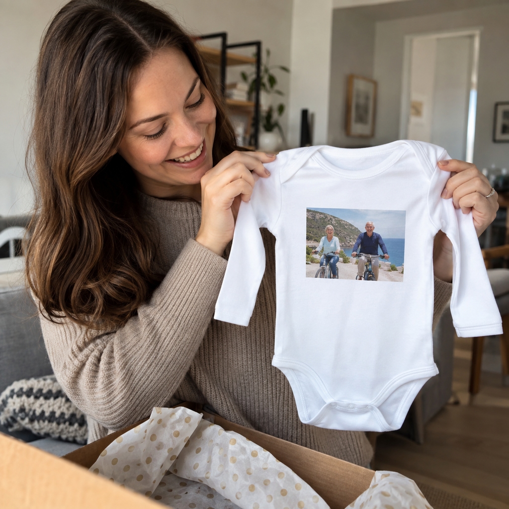 A personalized white baby bodysuit printed with a photo of grandparents cycling on holiday, opened as a gift at home.
