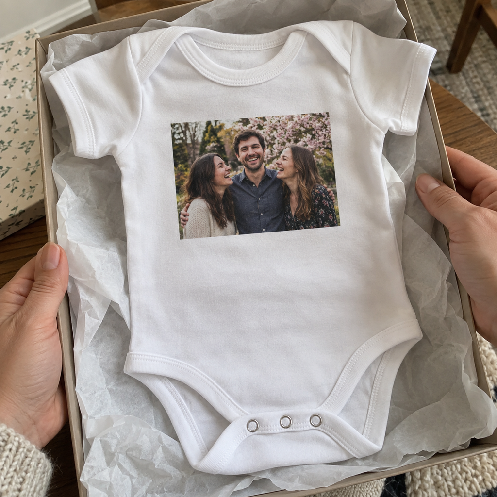 A personalized white baby bodysuit printed with a spring photo of adult siblings, laid in a gift box.
