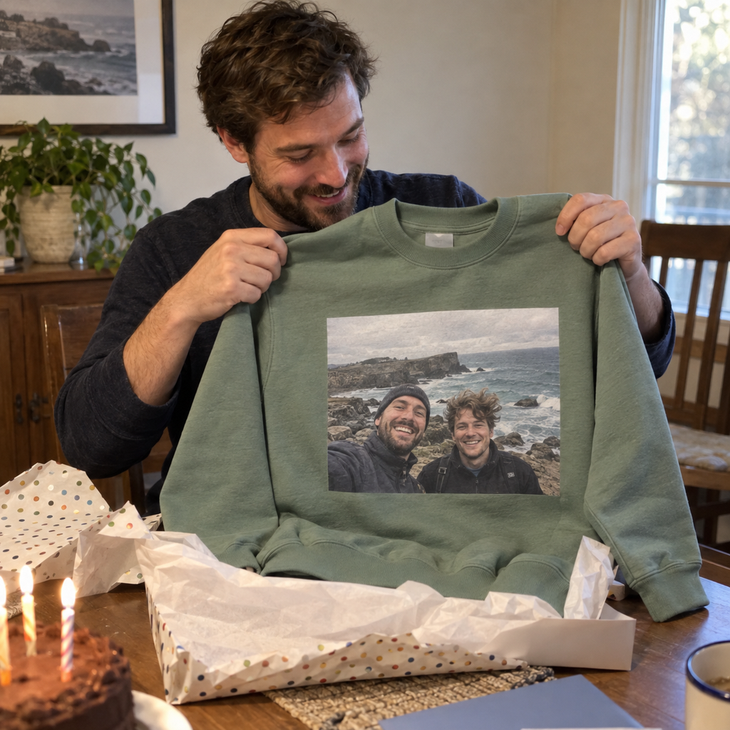 A sage green crewneck sweatshirt printed with an old seaside friends photograph, opened as a birthday gift.
