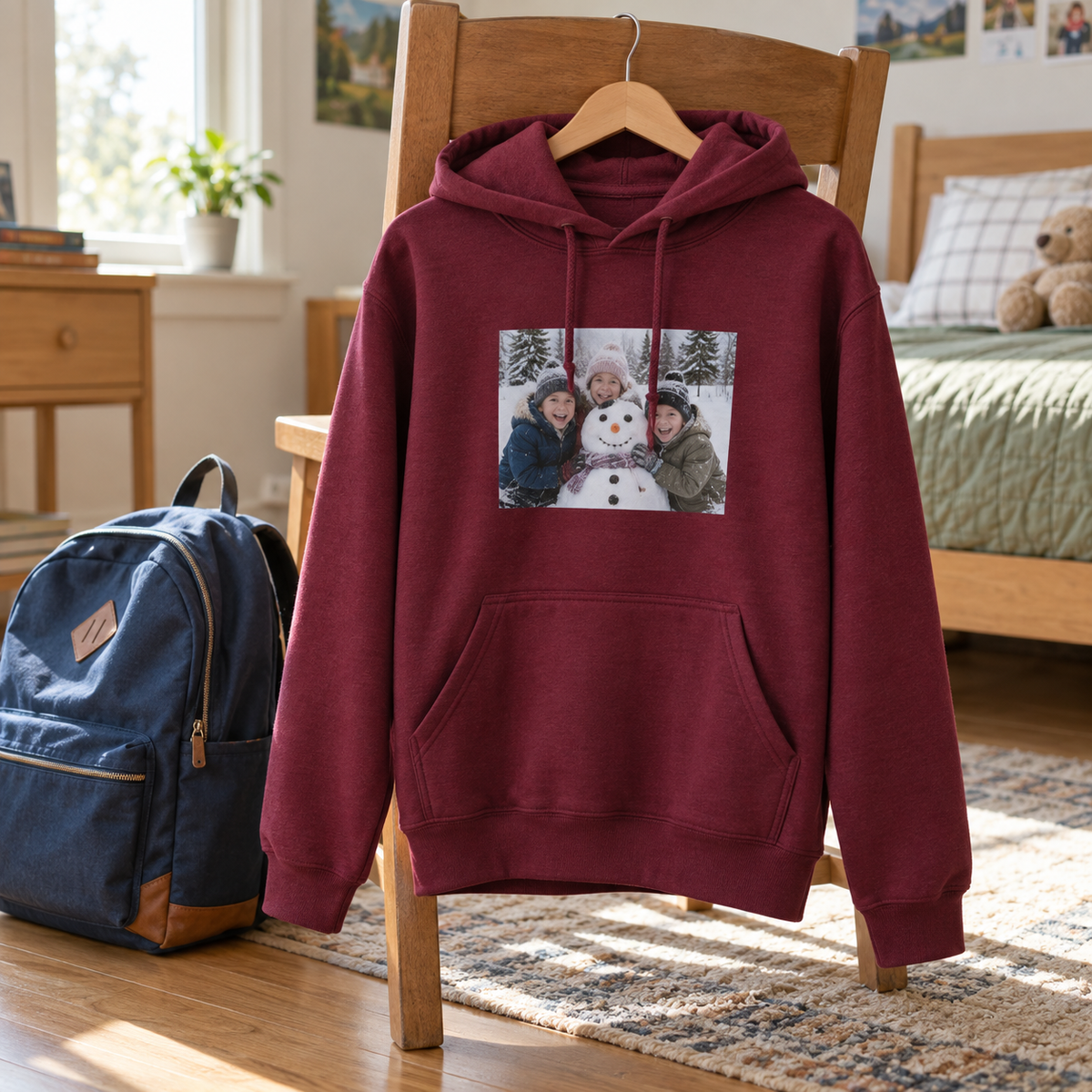 A burgundy kids hoodie printed with a snowman day photograph, hanging on a chair in a sunny room.