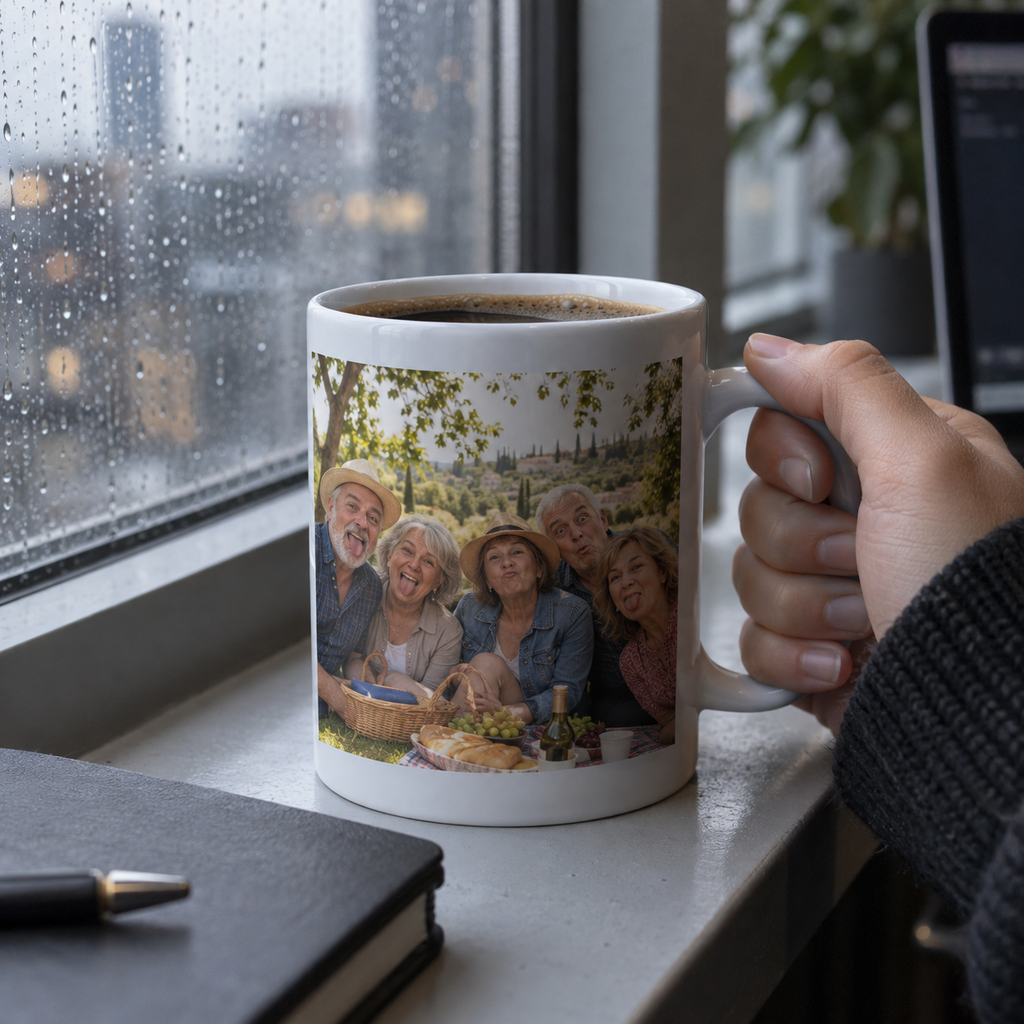 A white ceramic mug printed with a funny family picnic photograph, held beside a rainy window.