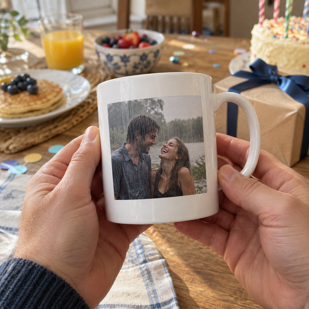 A personalized ceramic mug printed with a candid rainy day couple photograph, held at a birthday breakfast.
