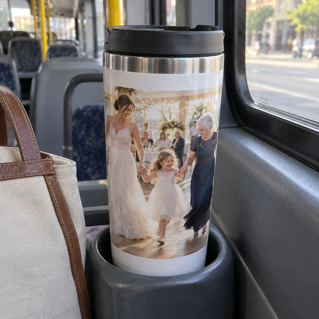 A personalized stainless travel mug printed with a family wedding photograph on a city bus.