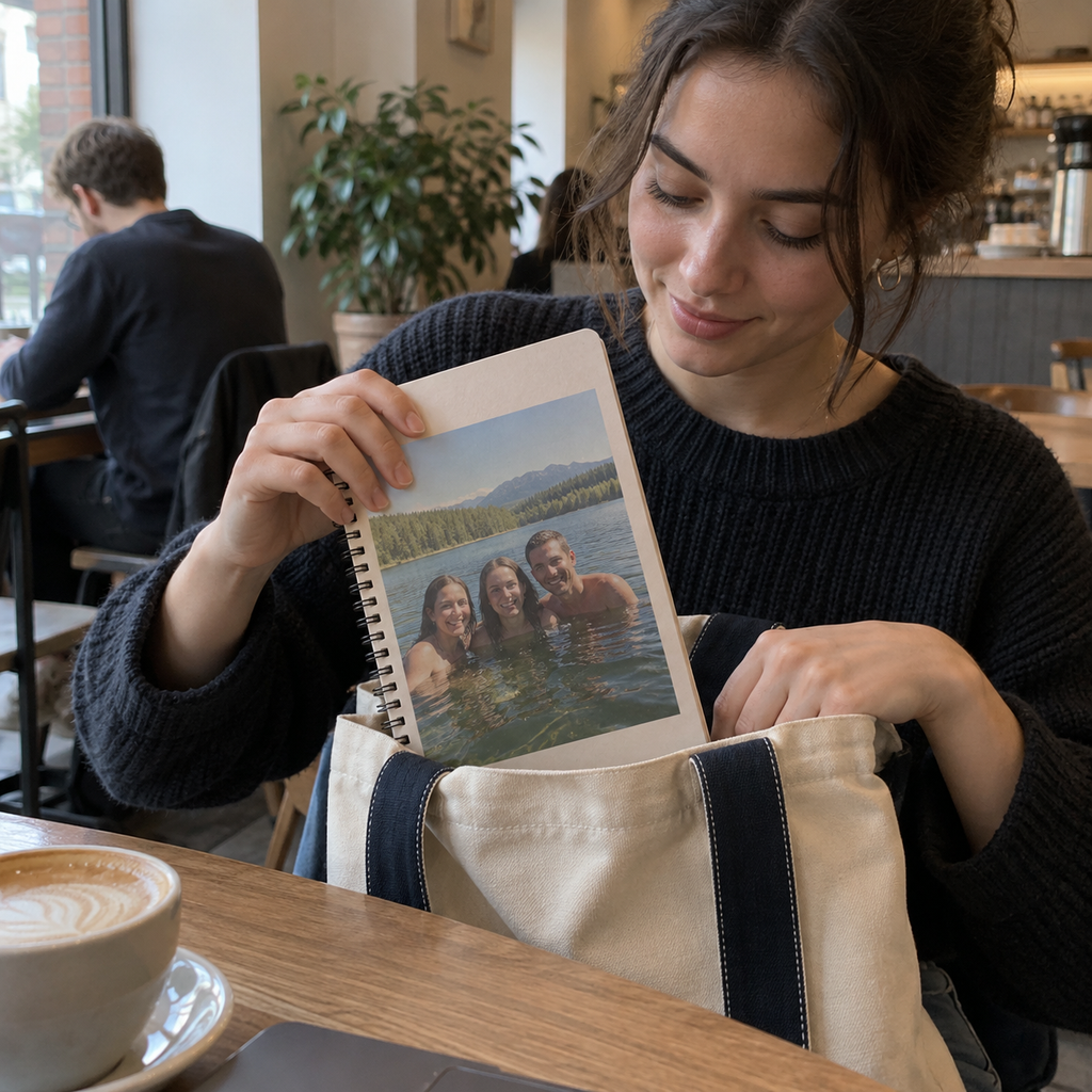 A spiral notebook printed with a summer lake photograph of three friends, taken from a bag at a café.