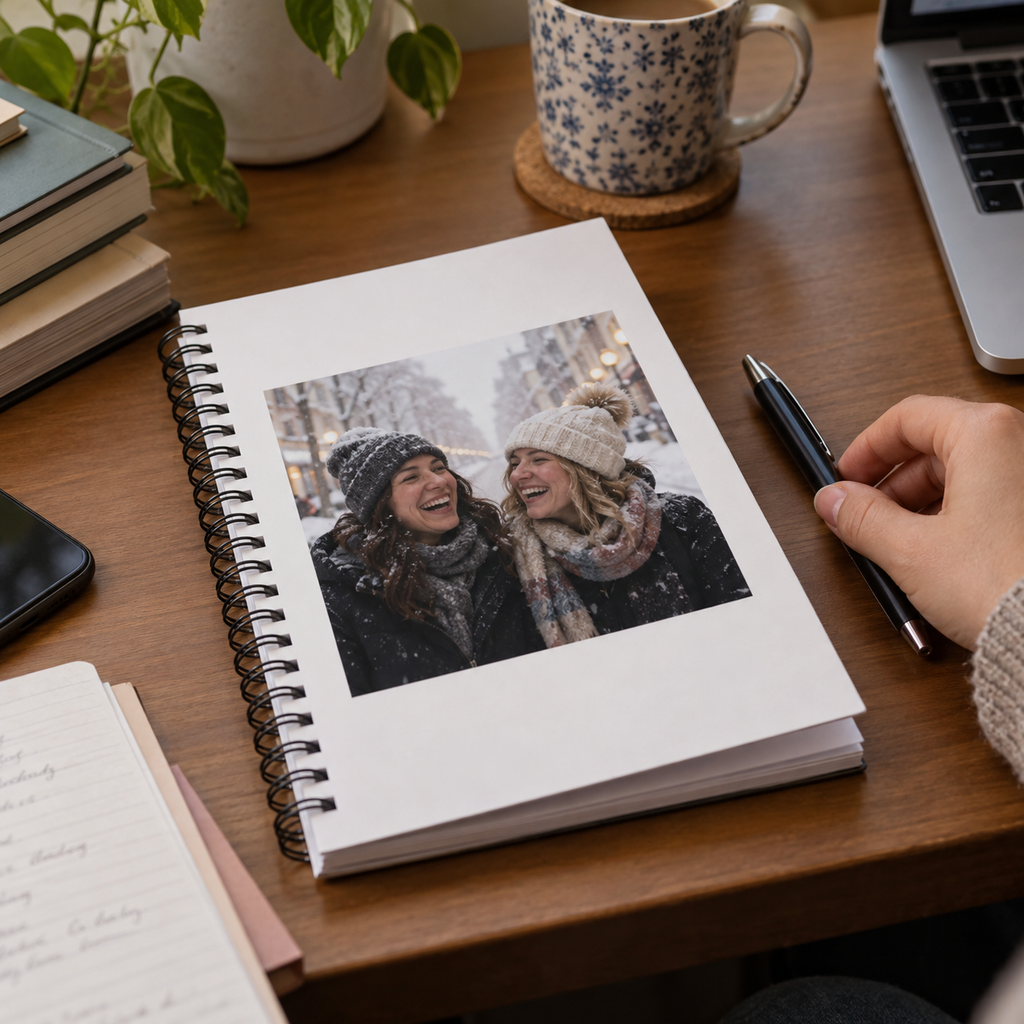 A personalized spiral notebook printed with a winter photo of two friends on a home study desk.