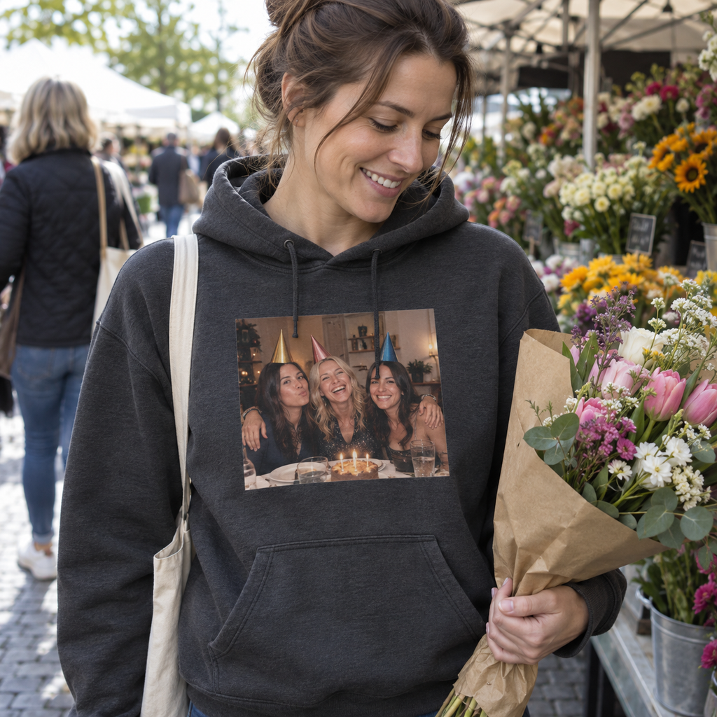 A charcoal photo hoodie printed with three friends in party hats, worn at a flower market.
