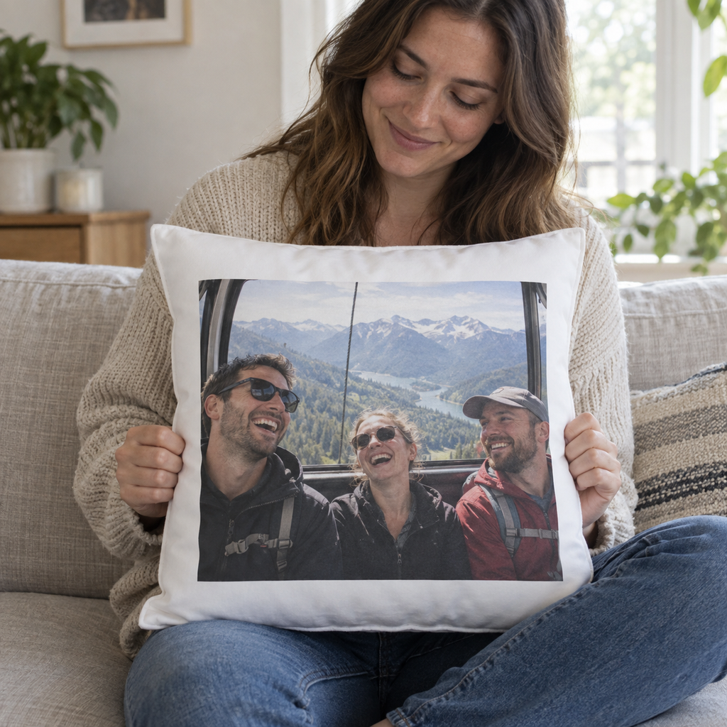 A white personalized throw pillow printed with a holiday cable car photo of friends, held on a sofa.