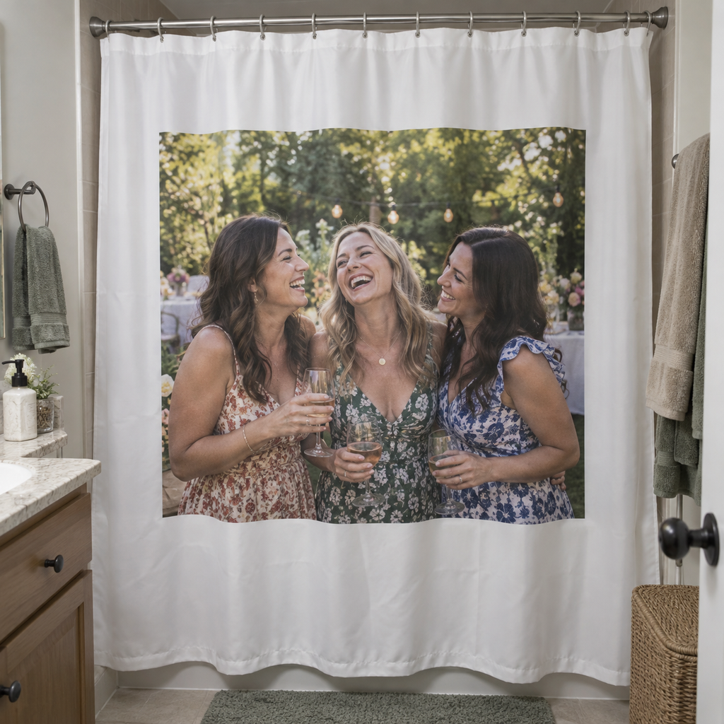 A shower curtain printed with an old garden party photograph of three laughing sisters in a lived-in bathroom.