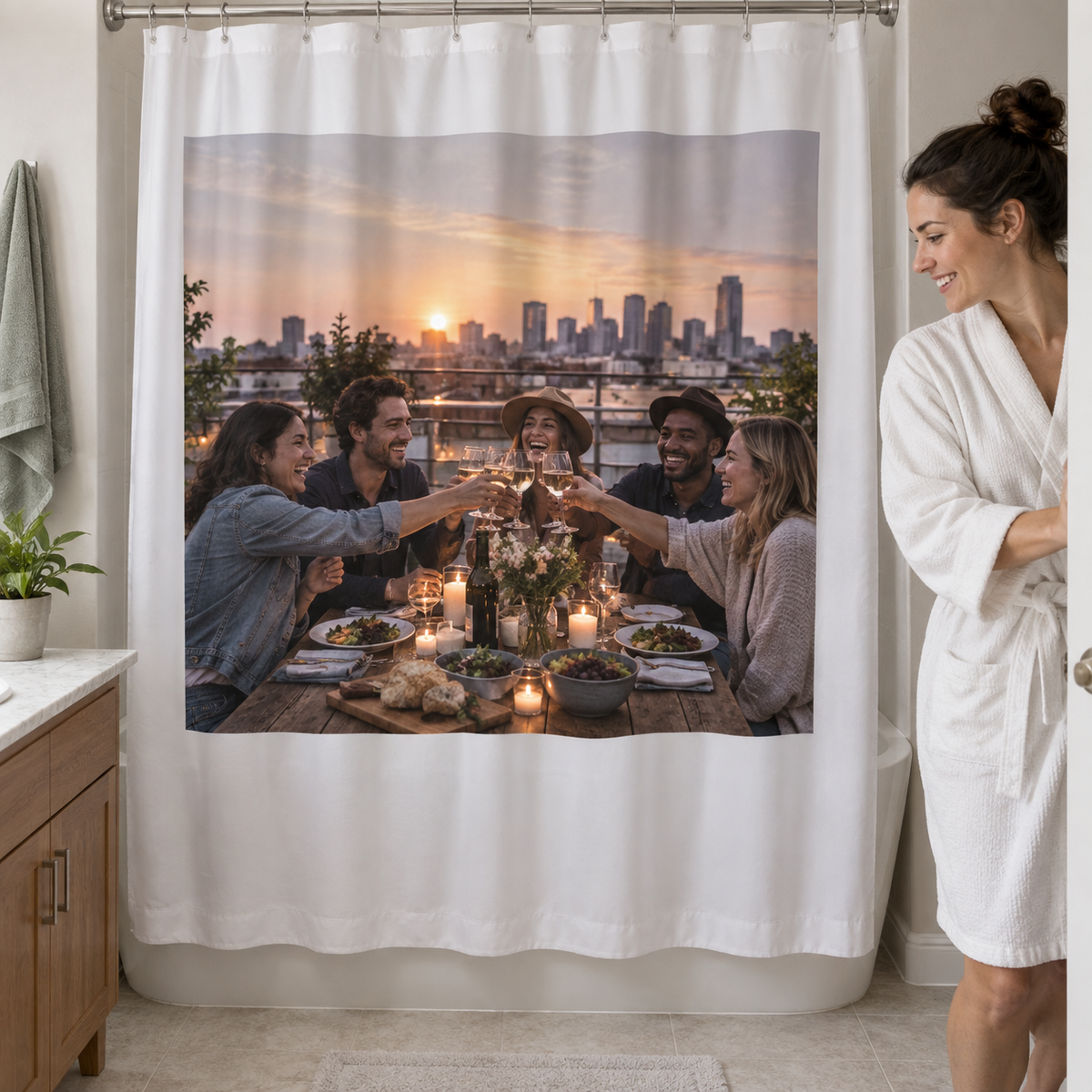 A personalized shower curtain printed with a past rooftop dinner photo of friends in a bright bathroom.