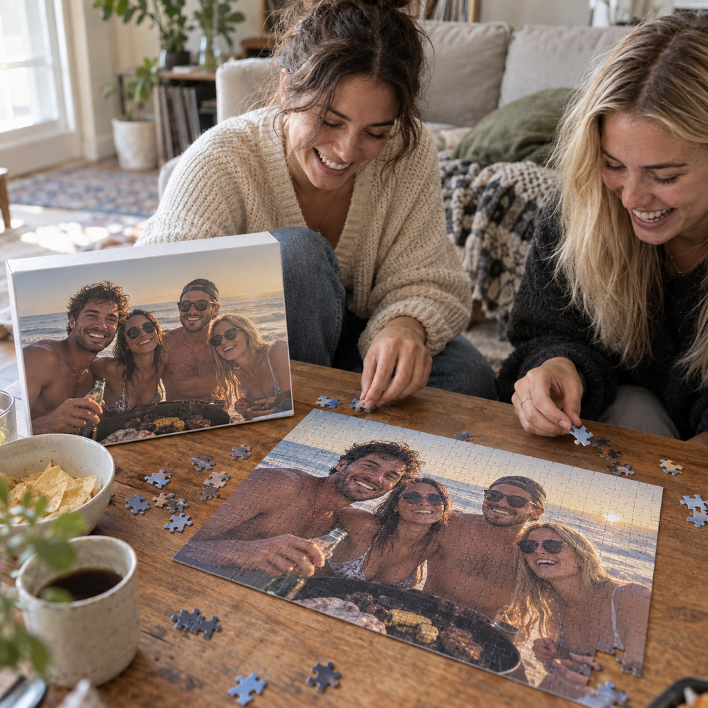 Photo puzzle and matching box showing the same beach barbecue snapshot.