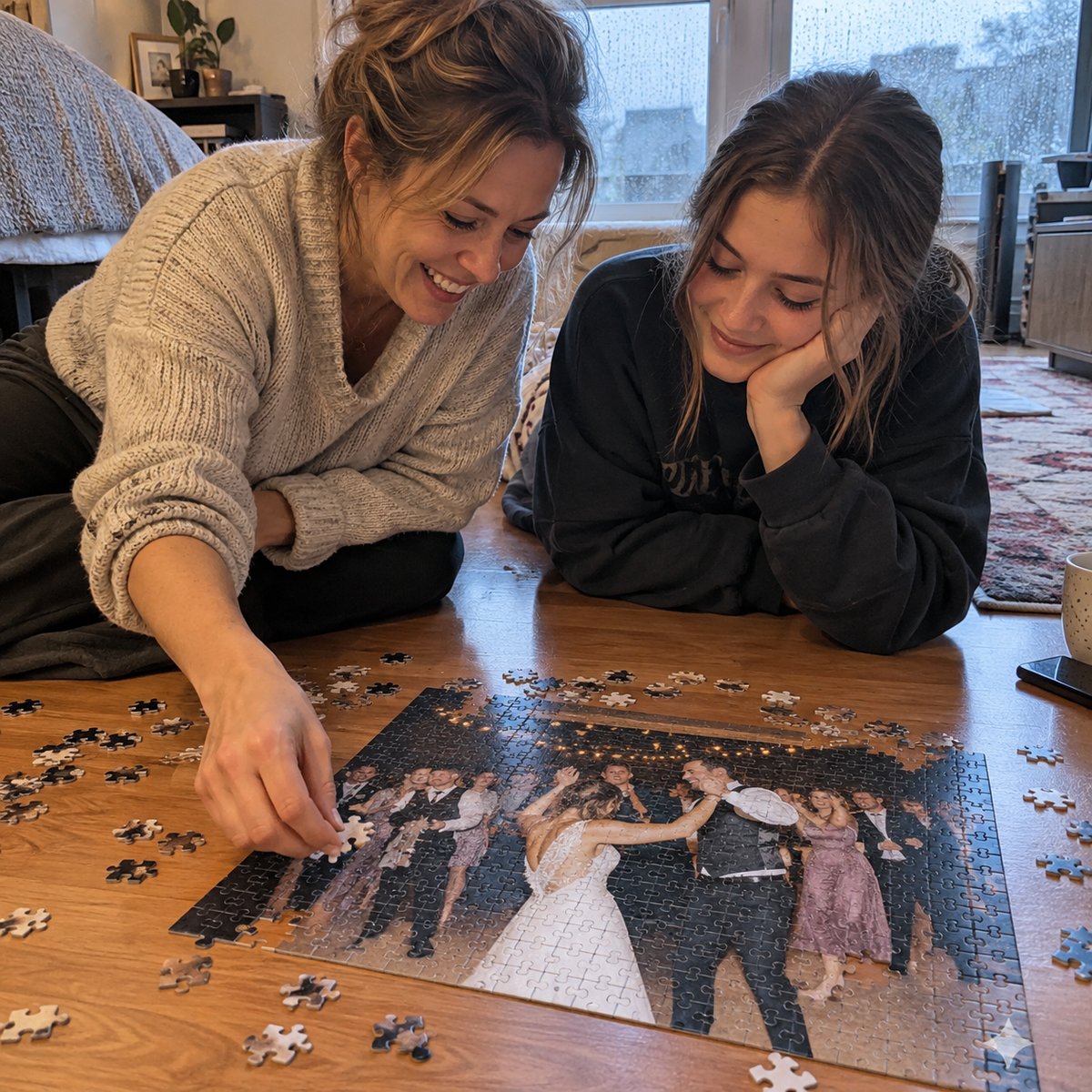Photo puzzle showing an old dancing family wedding snapshot.