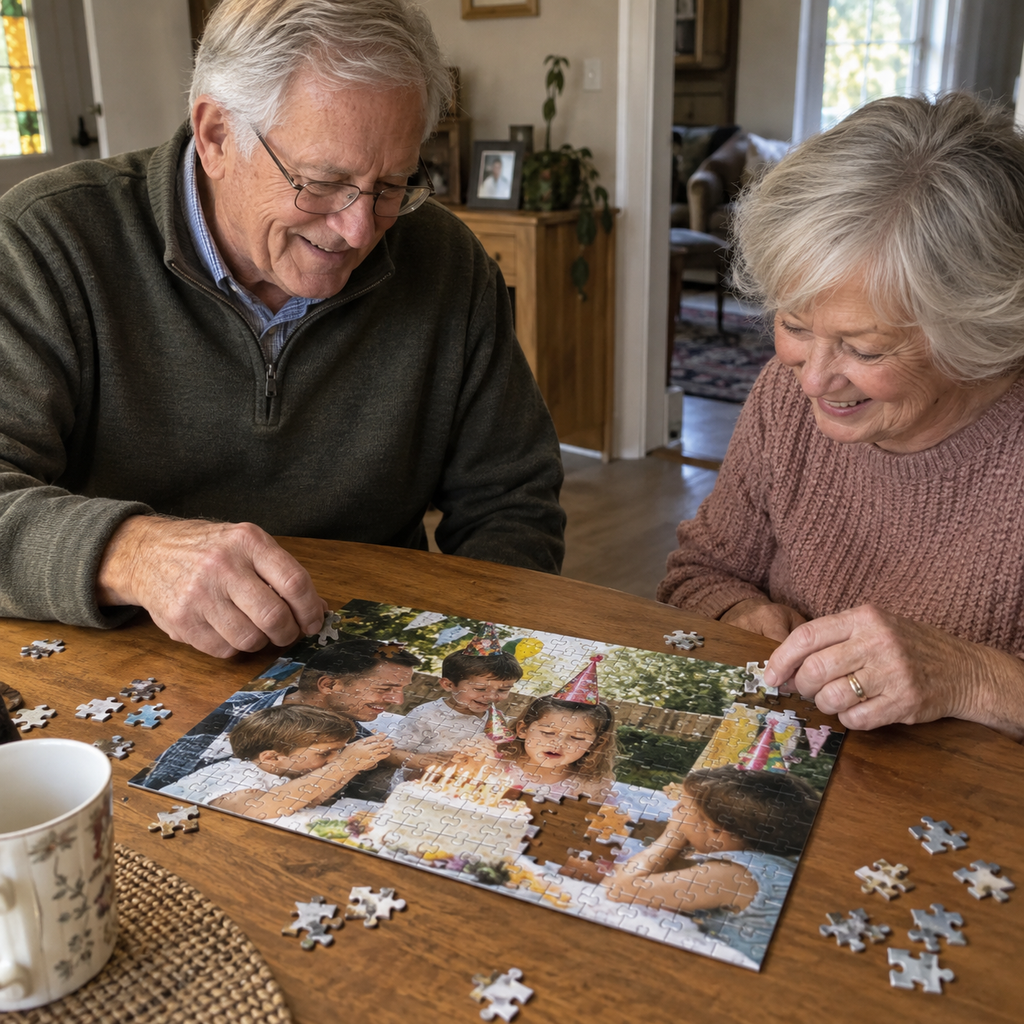 Personalized photo puzzle with a family birthday memory.