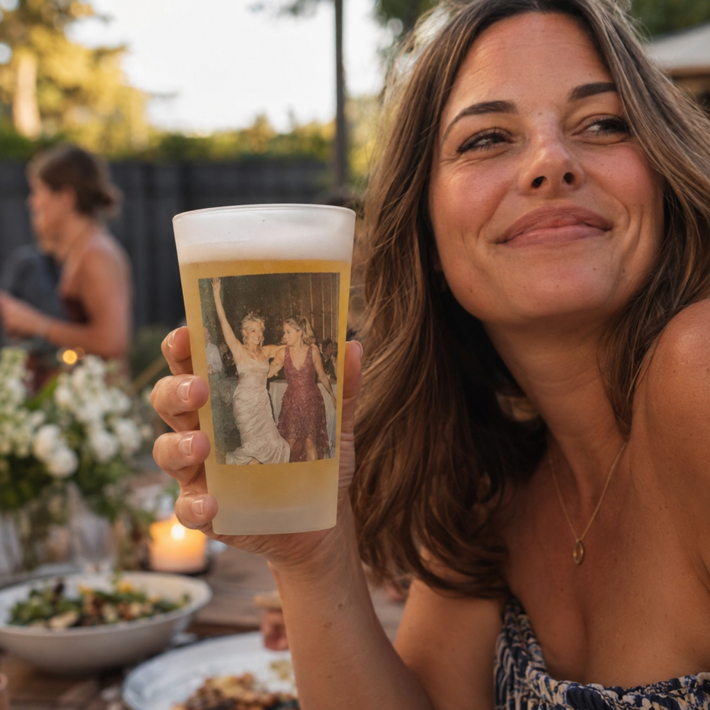 Frosted pint glass with a personal picture at a casual get-together