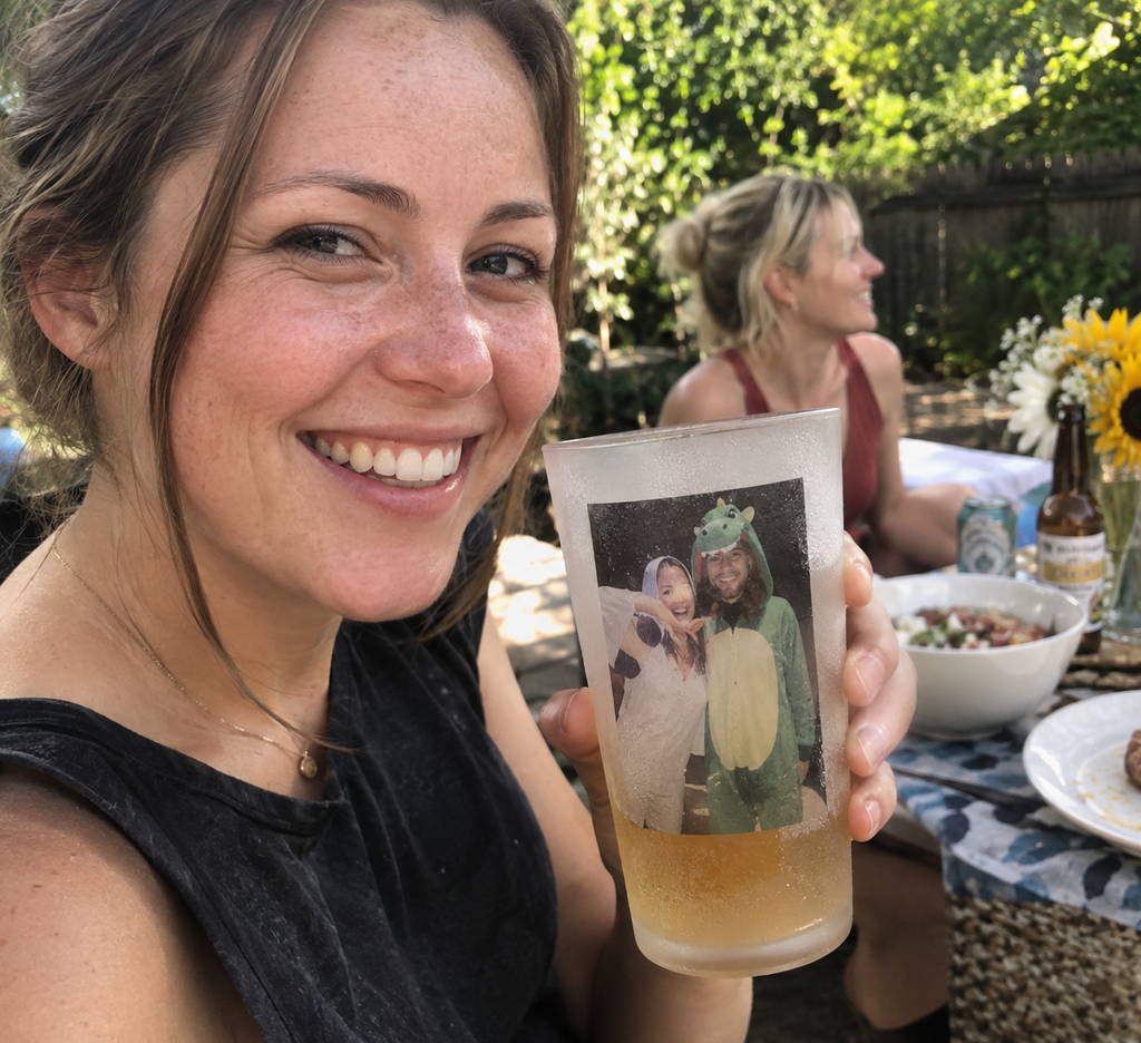 Frosted pint glass with a funny friends costume photo