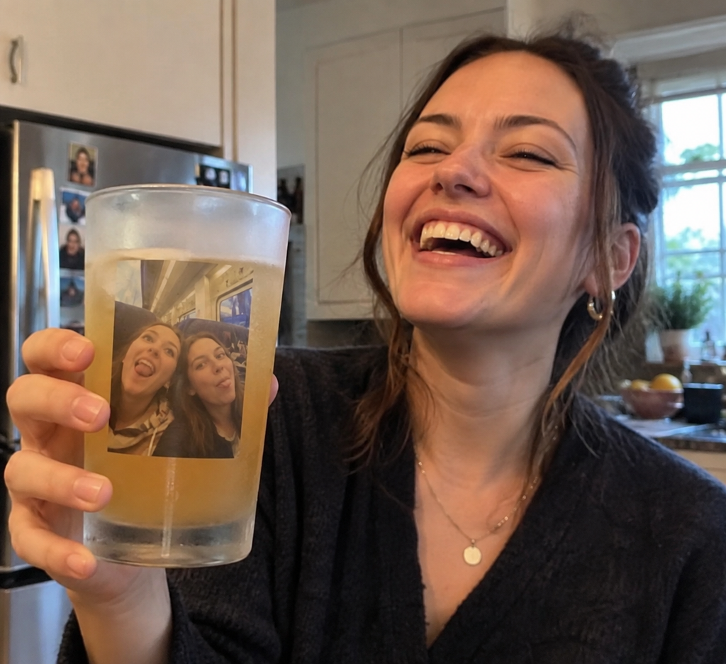 Frosted glass printed with a funny train selfie