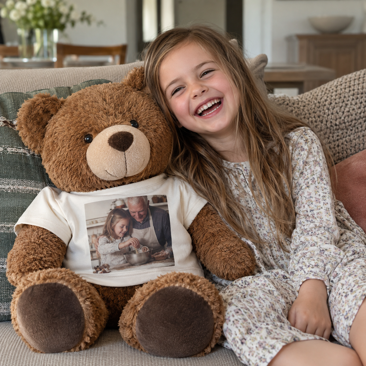 Teddy bear wearing a T-shirt printed with a personal photo