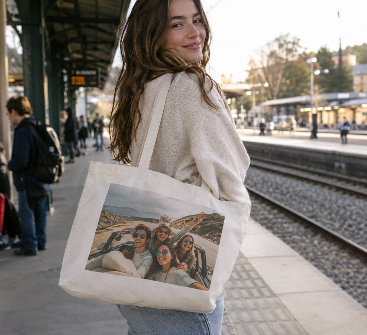 Weekend tote printed with an old road trip photo