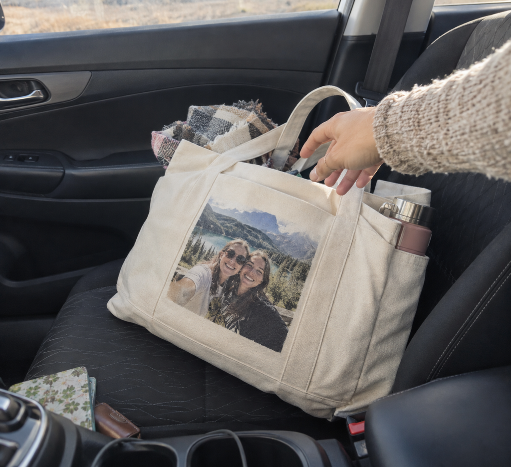 Canvas tote printed with a mountain friends selfie