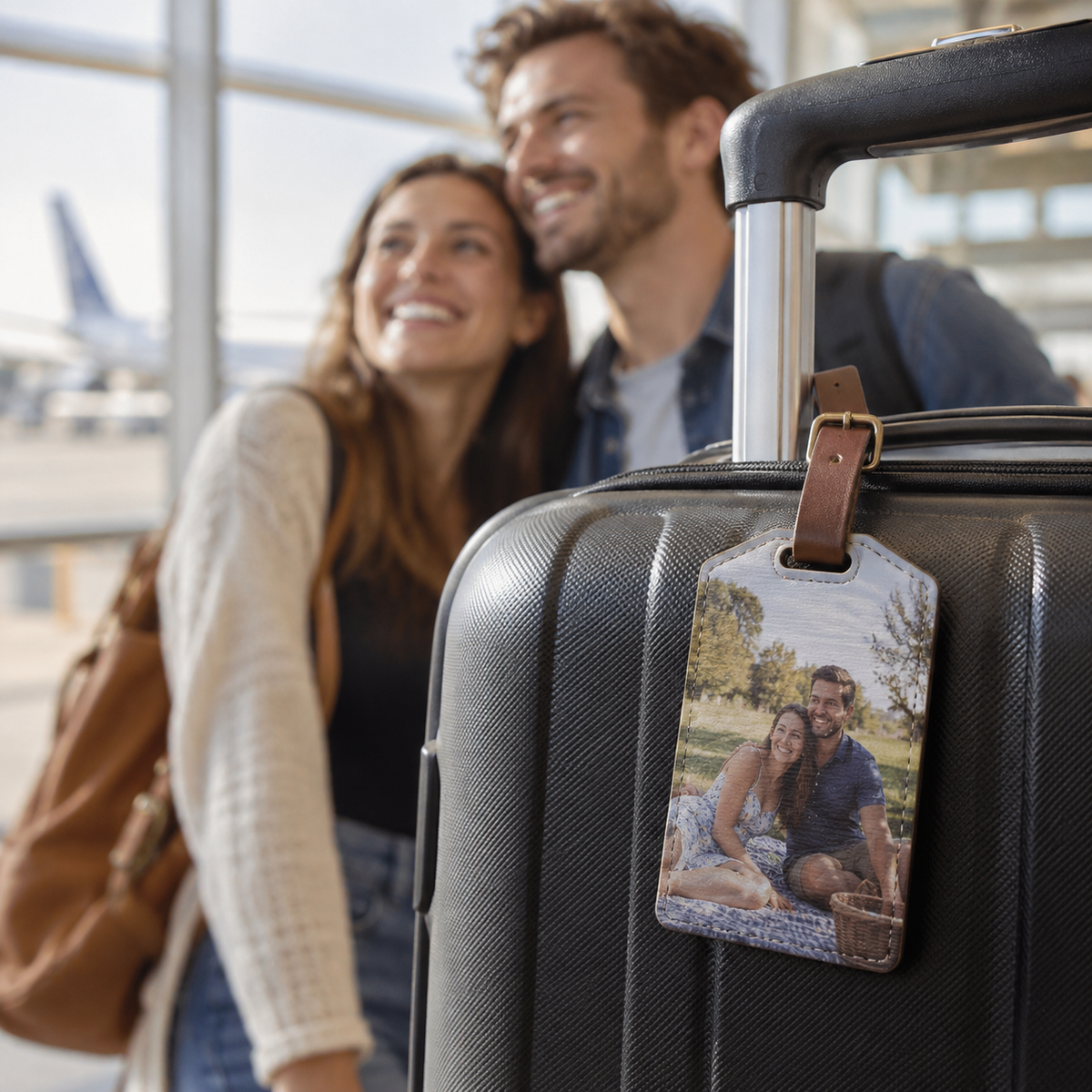 Luggage tag with a personal photograph on a suitcase