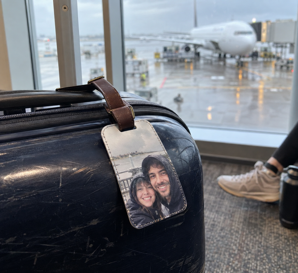 Personalized luggage tag on a travel suitcase