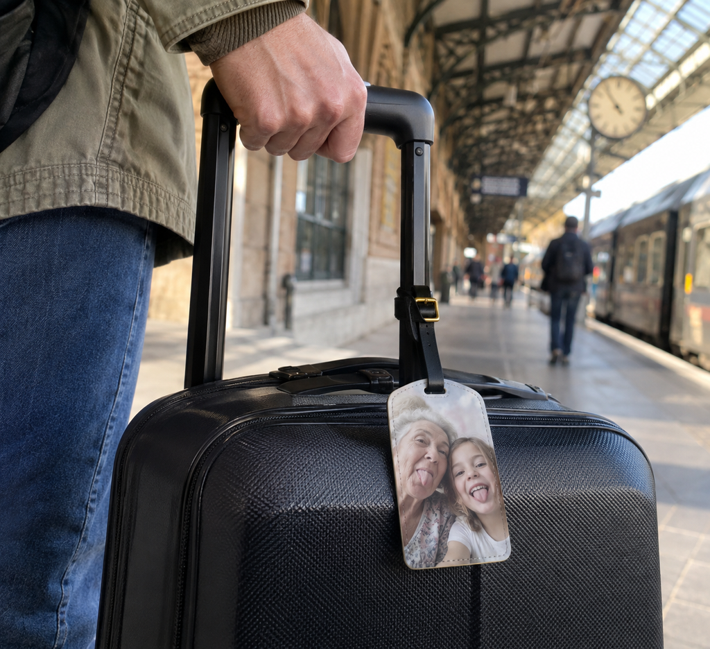 Luggage tag with a playful grandmother photo