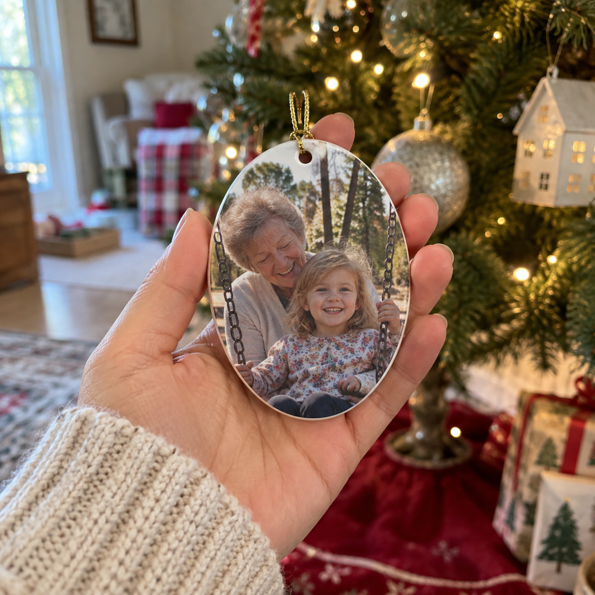 Christmas ornament with a family photograph on a tree