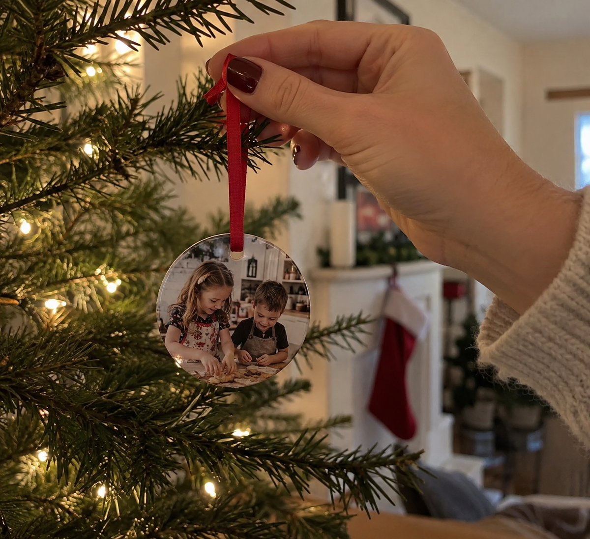 Photo Christmas ornament being hung on the tree