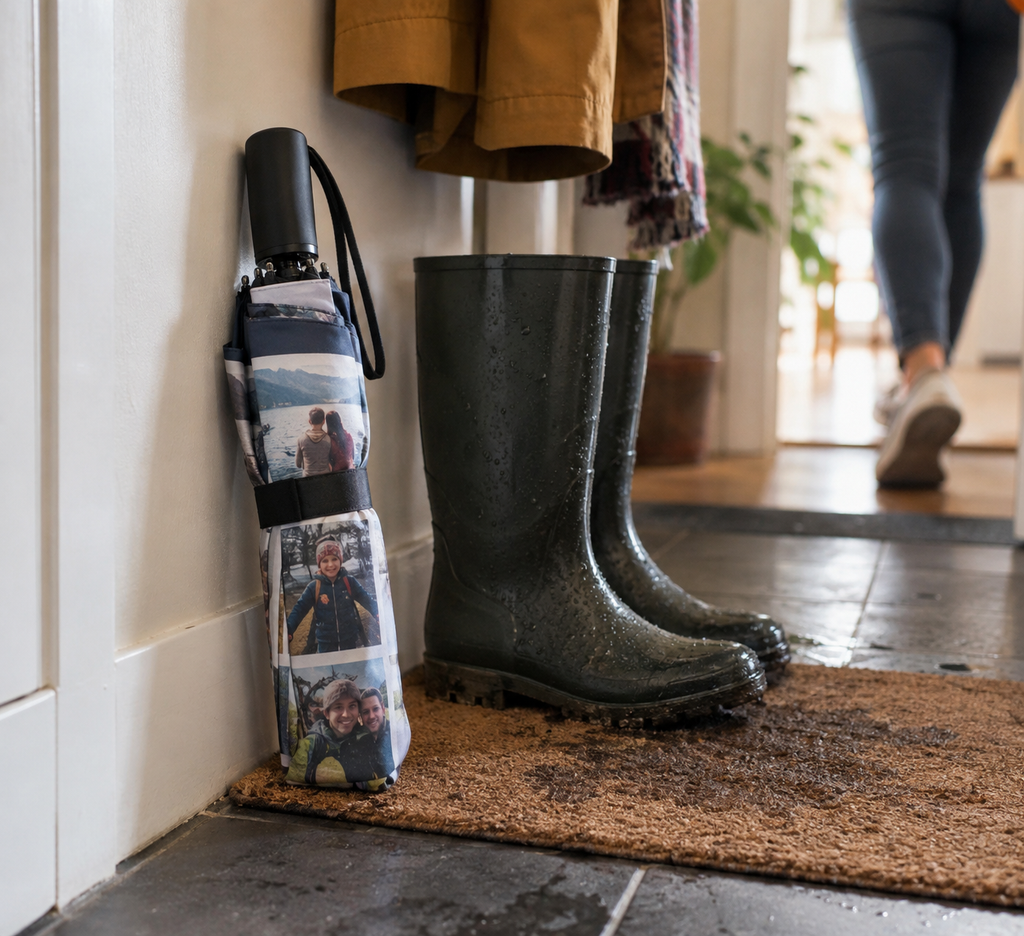 Folded umbrella with printed family memories