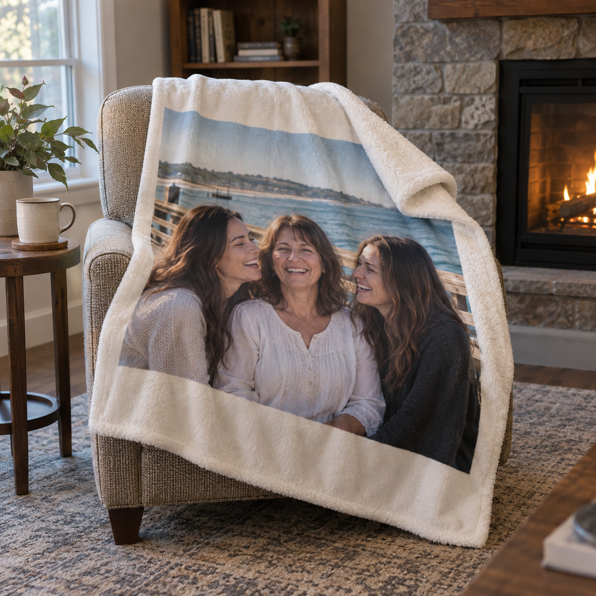 A personalized sherpa blanket printed with an old seaside photo of a mother and daughters, draped over an armchair.