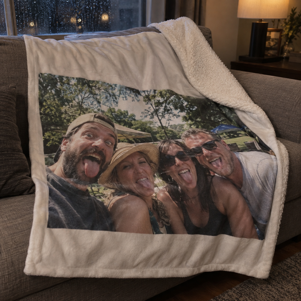 A personalized sherpa fleece blanket with a funny summer picnic photo on the smooth front and white sherpa backing.