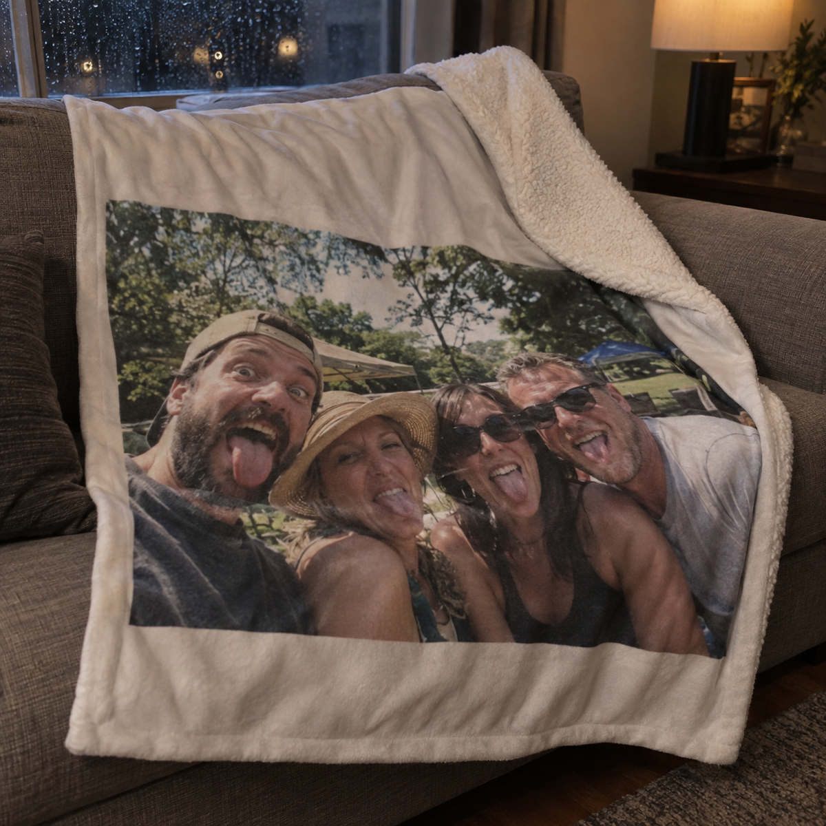 A personalized sherpa fleece blanket with a funny summer picnic photo on the smooth front and white sherpa backing.