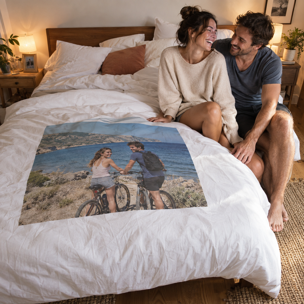 Duvet cover with bounded personal photographs on a bed