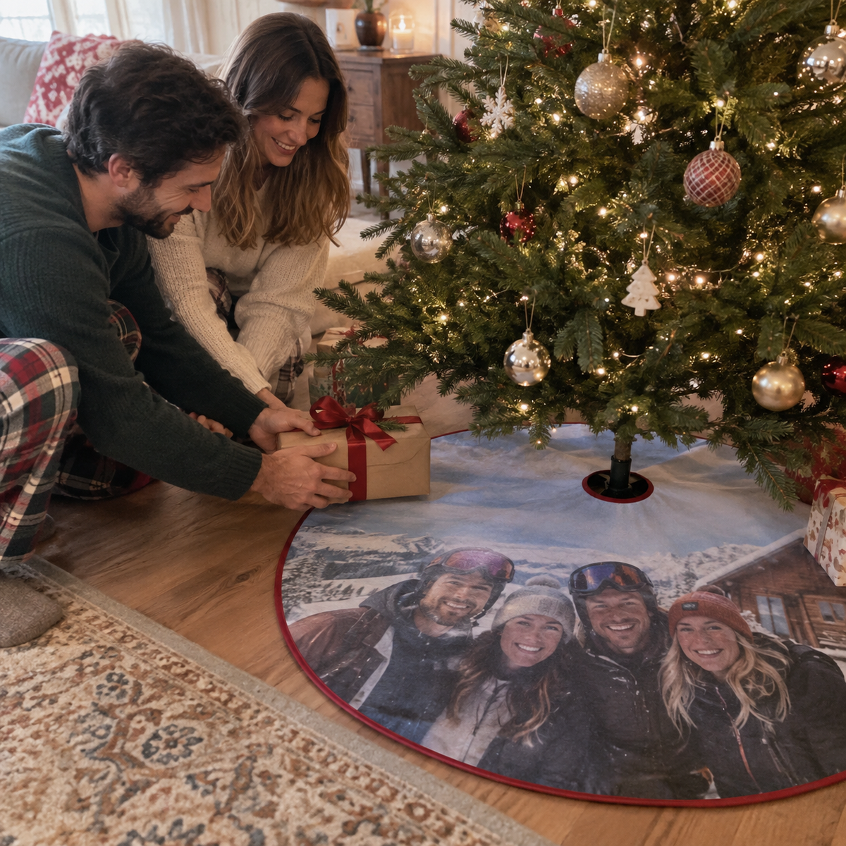Christmas tree skirt with a printed family photo