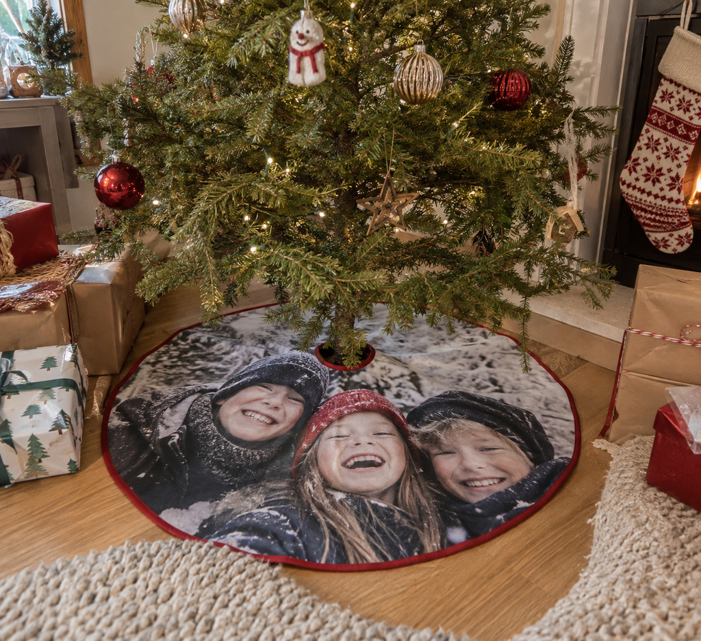 Tree skirt printed with a winter photo of siblings