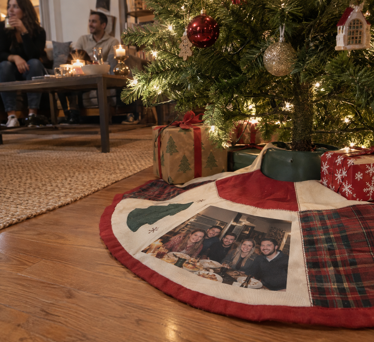 Tree skirt with a dinner memory printed on fabric