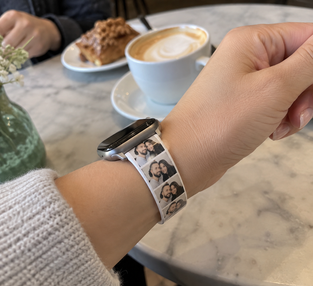 Watch band with a tiny photo booth pattern