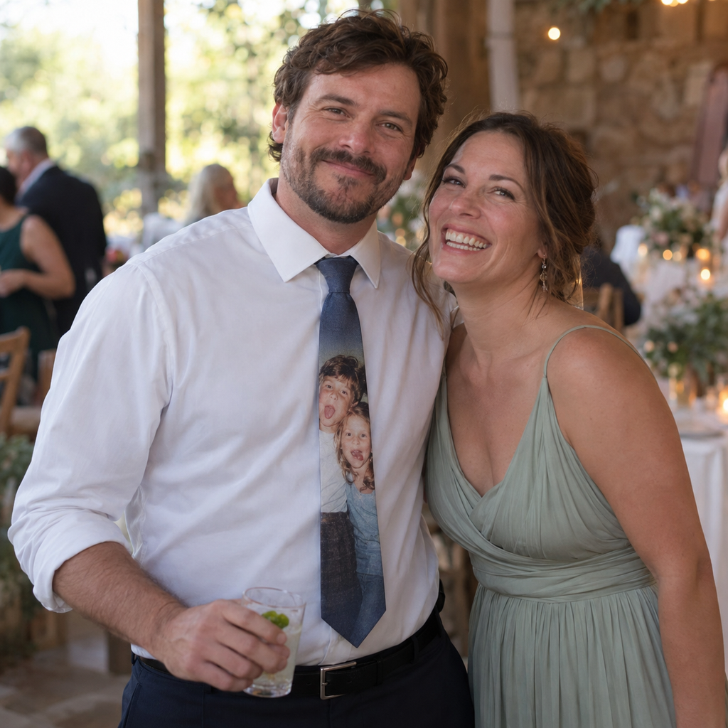 Necktie with a personal photograph near its tip