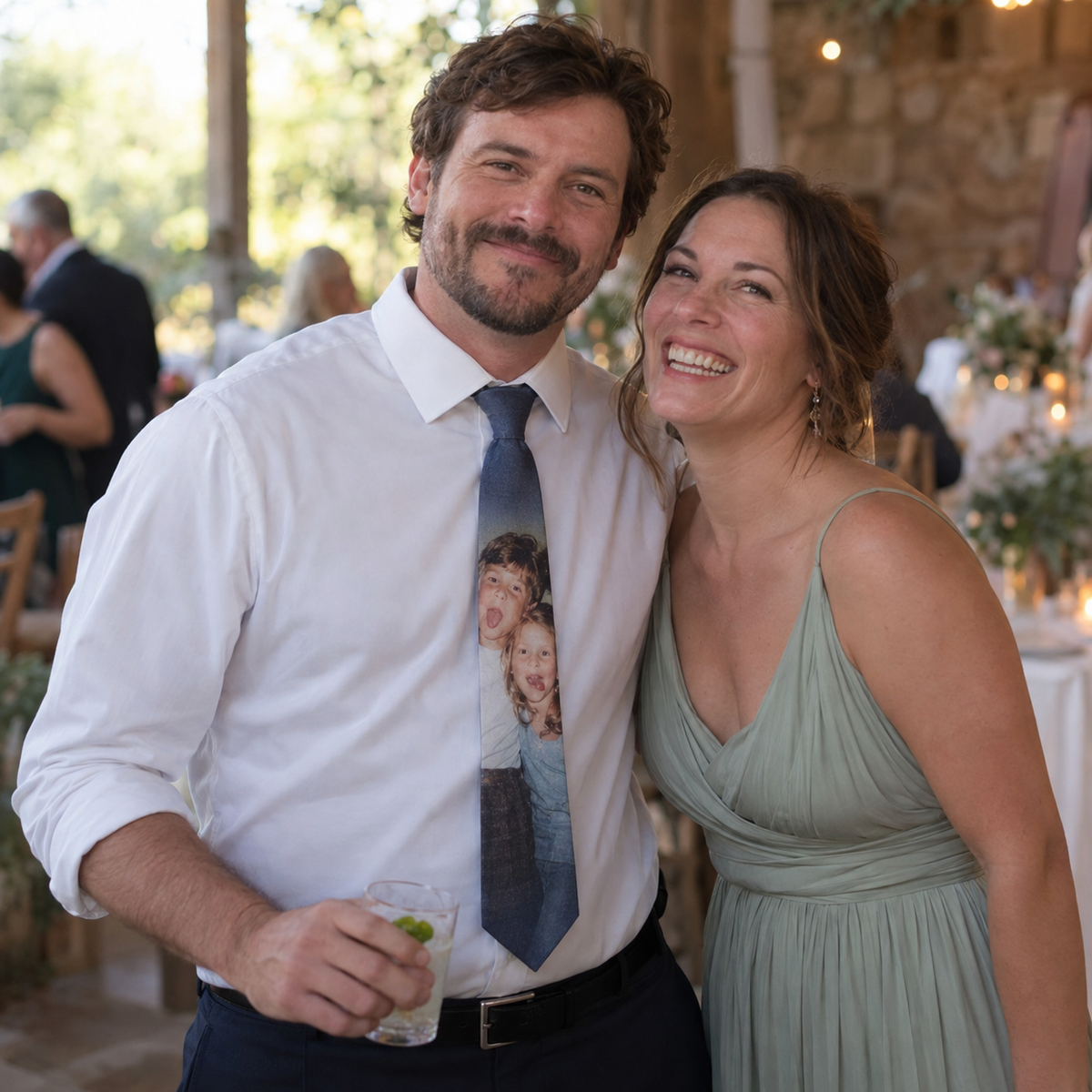 Necktie with a personal photograph near its tip