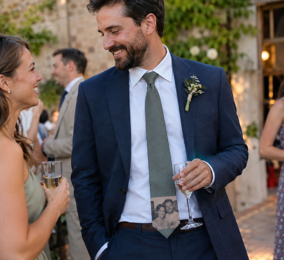 Necktie with a small family photo near the tip