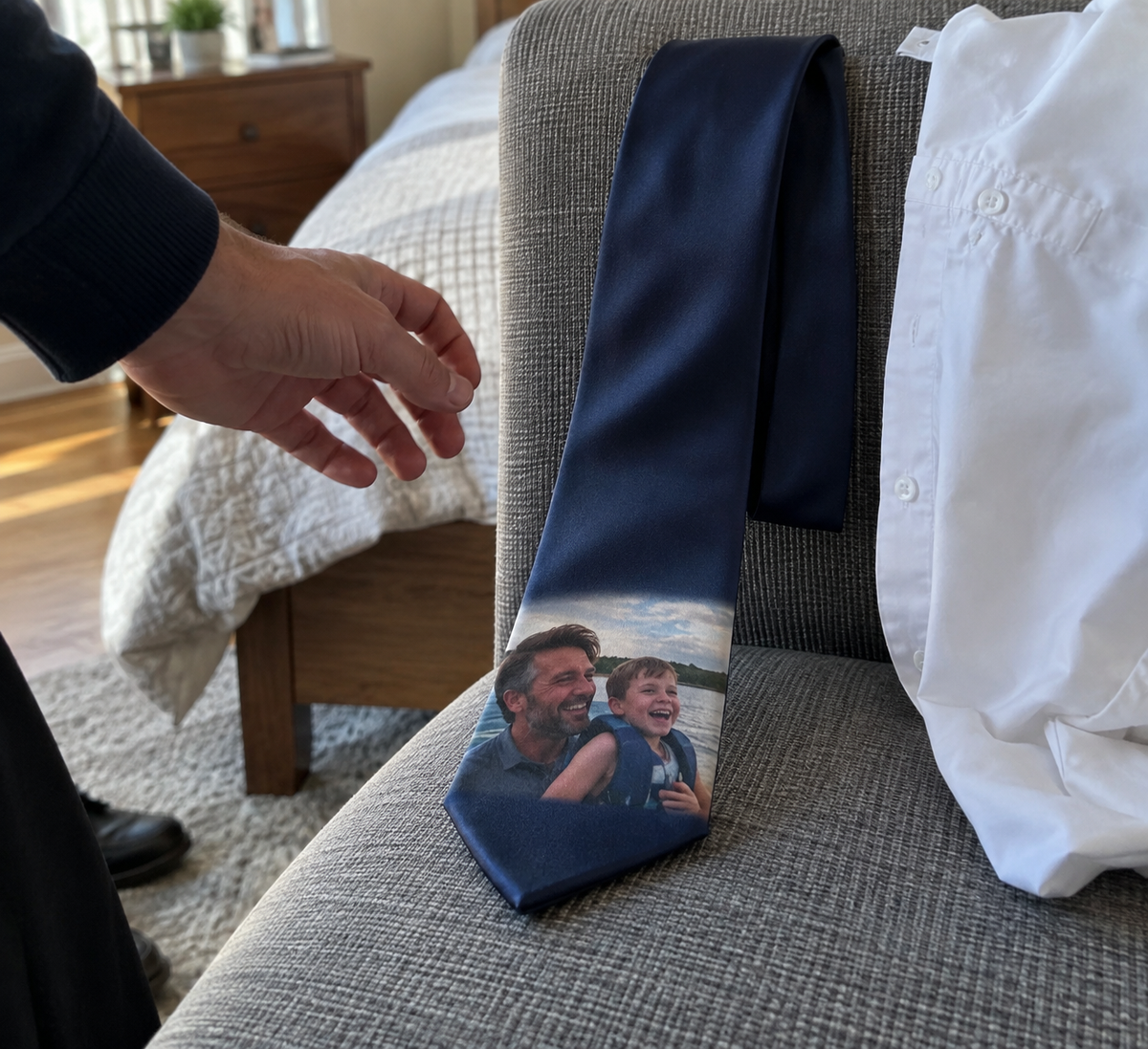 Necktie with a printed father and son photo