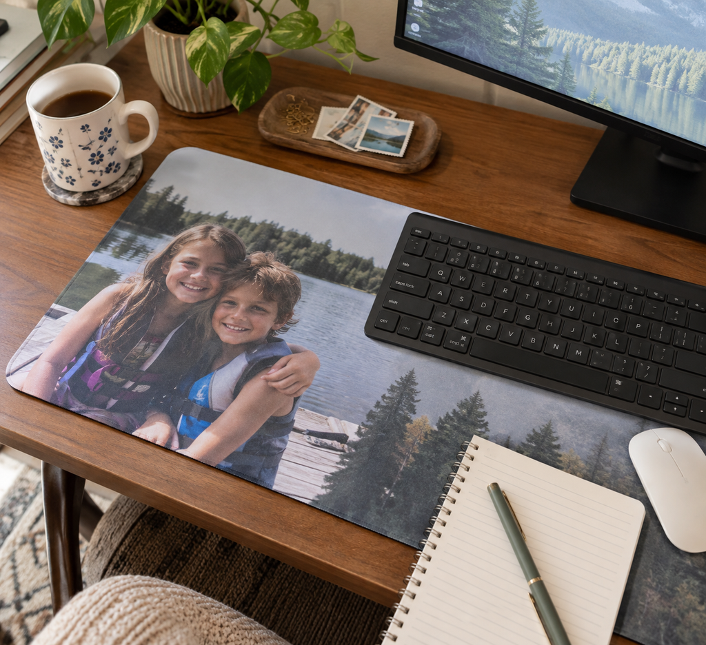 Desk mat printed with a childhood lake photograph