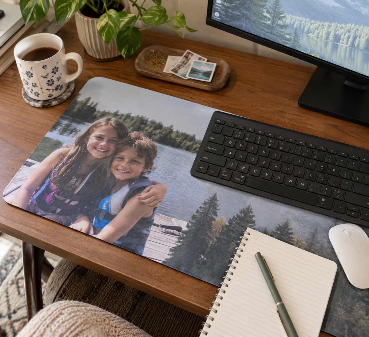 Desk mat printed with a childhood lake photograph
