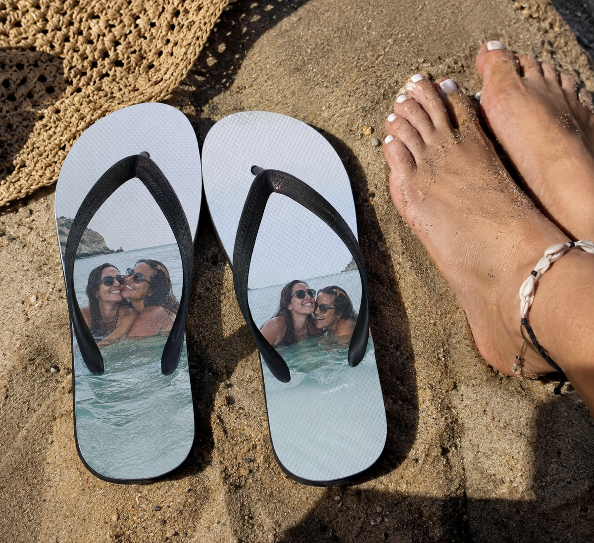 Personalized photo flip flops at the beach