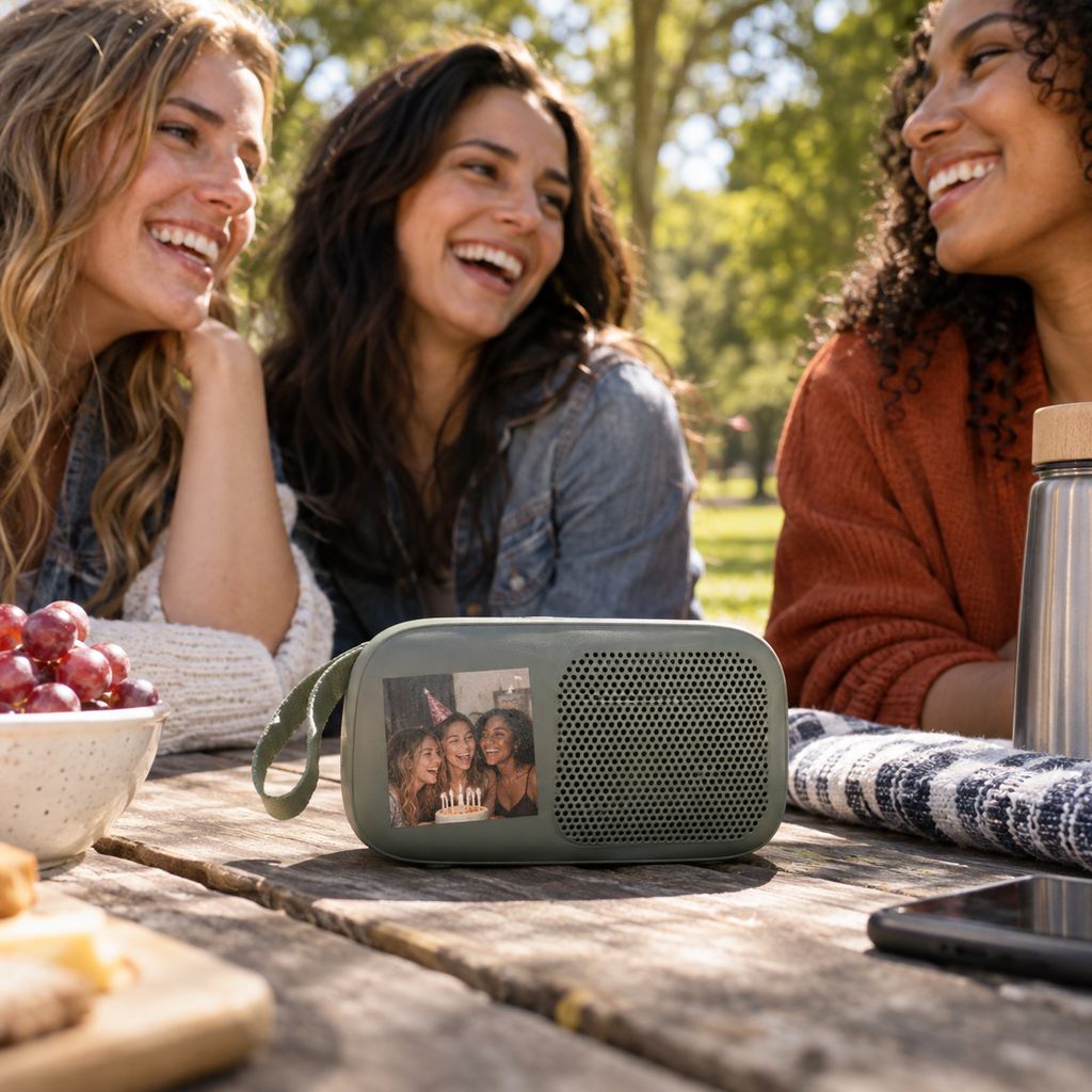Bluetooth speaker with a picture printed on its housing