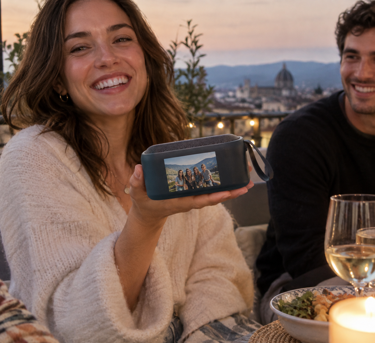 Portable speaker with a photo on its solid casing