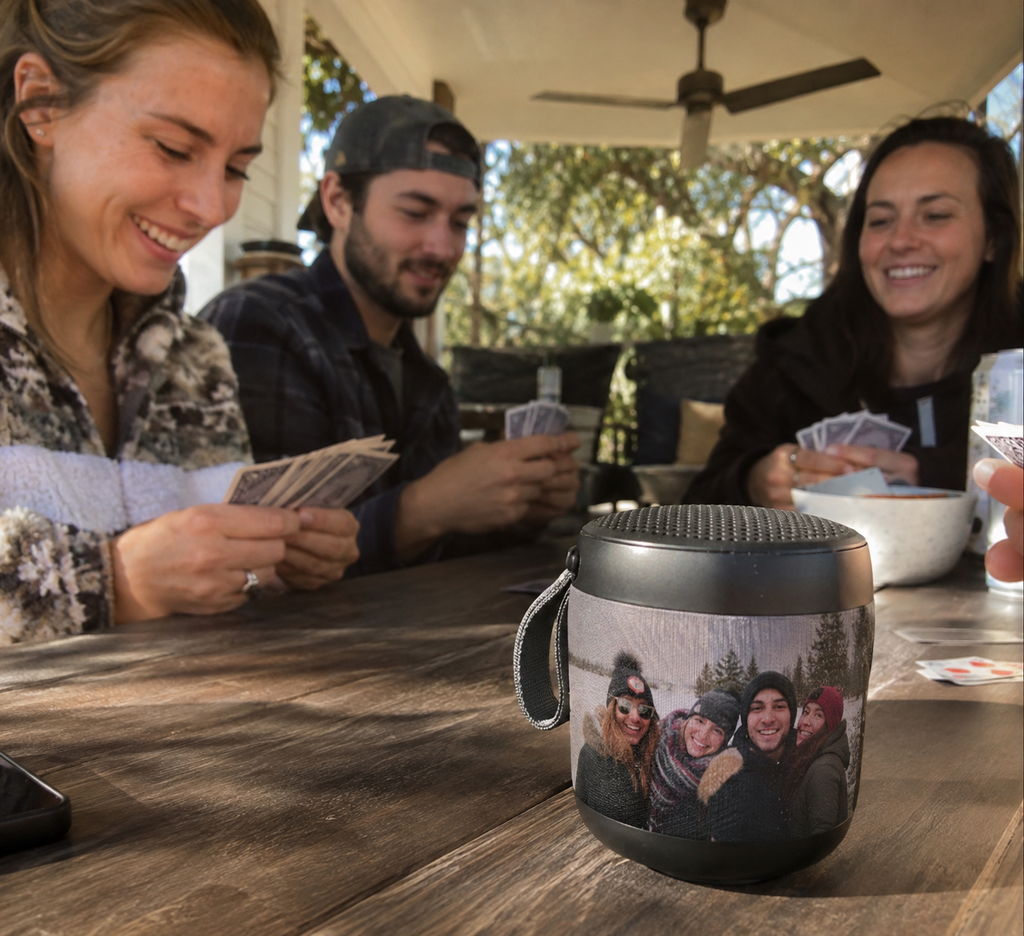 Bluetooth speaker printed with a winter friends photo