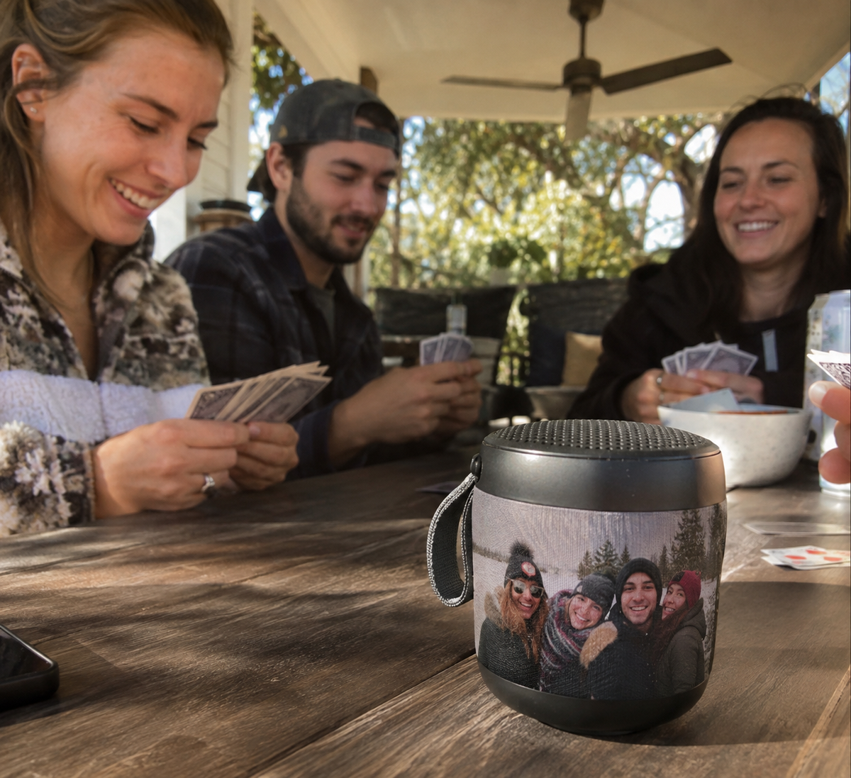 Bluetooth speaker printed with a winter friends photo