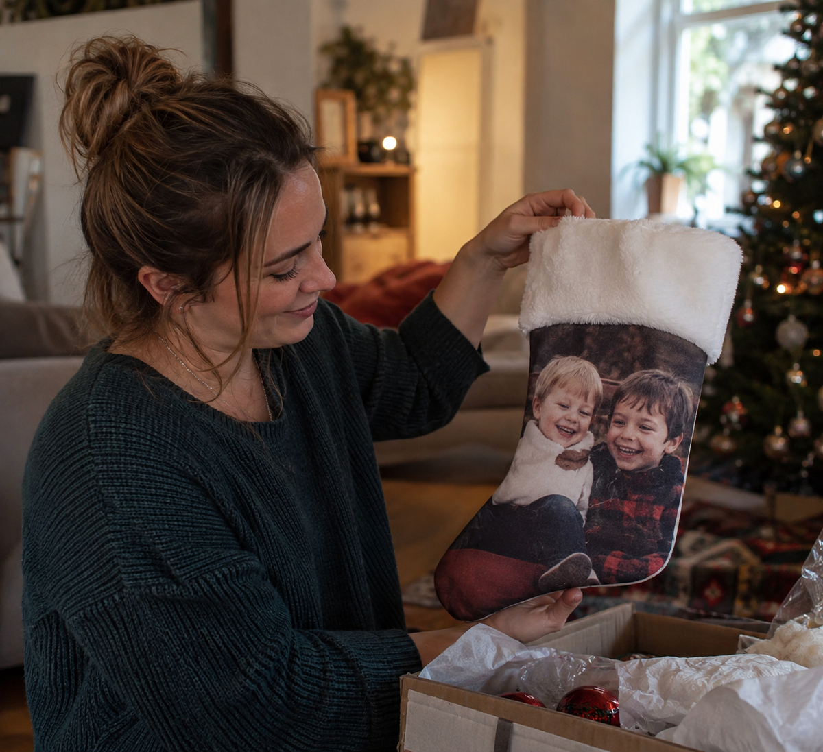 Christmas stocking with a childhood brothers photo