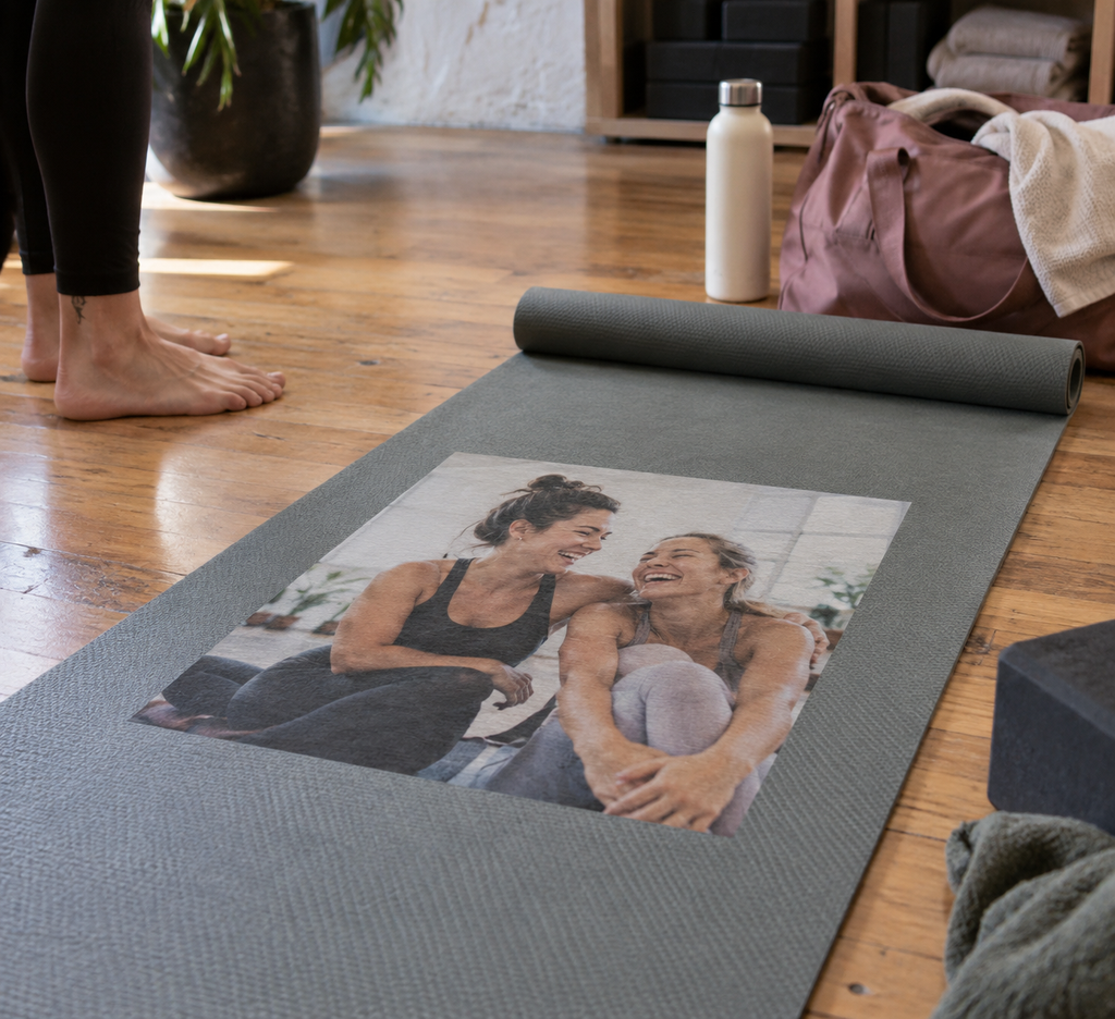 Yoga mat with a photo printed in the center