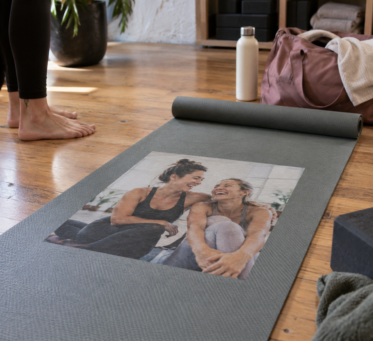 Yoga mat with a photo printed in the center